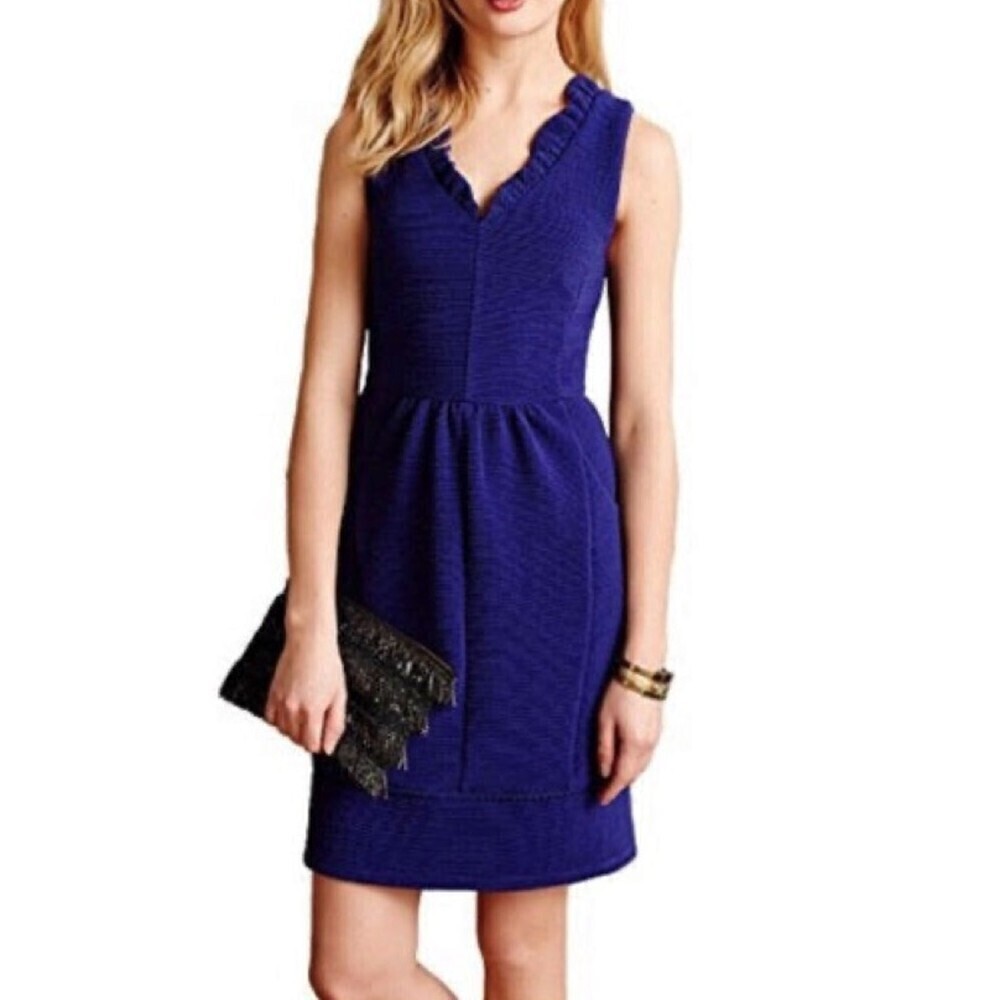 ANTHROPOLOGIE x Maeve Ottoman Ruffled Sheath Dress in Indigo Blue Womens Small